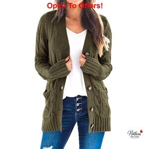 Loose Fit Cardigan Sweater, Cable Knit, Open Front, Button Down, Long Sleeve